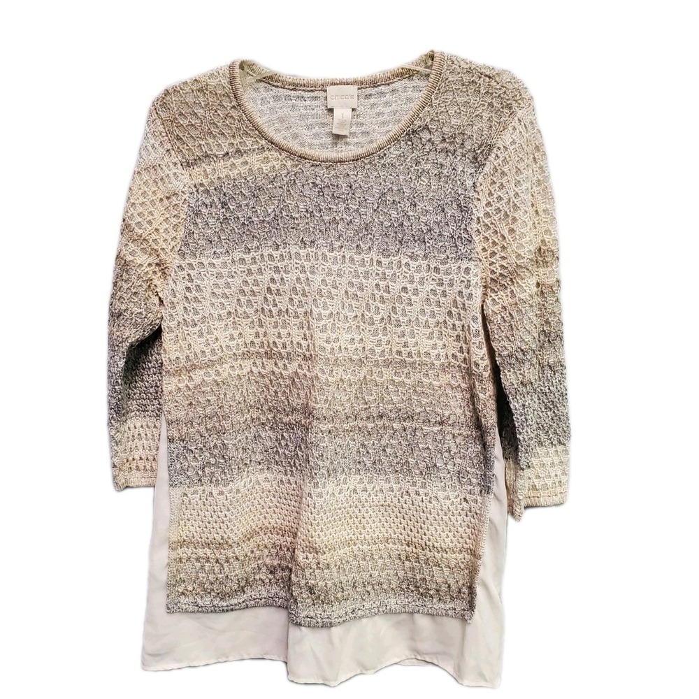 Chico's Woven‎ Back Shirley LS Pullover Sweater Top Gray/Cream Size 1(8)